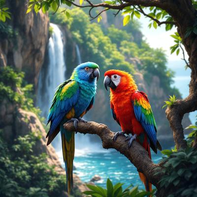 The primary subject of the image is a pair of colorful parrots perched on a tree branch. The setting is a lush, green forest with a waterfall in the background. The visual style is a digital art or illustration, creating a vibrant and lively atmosphere. The dominant colors are green, blue, and orange, which contribute to the overall mood of the scene.